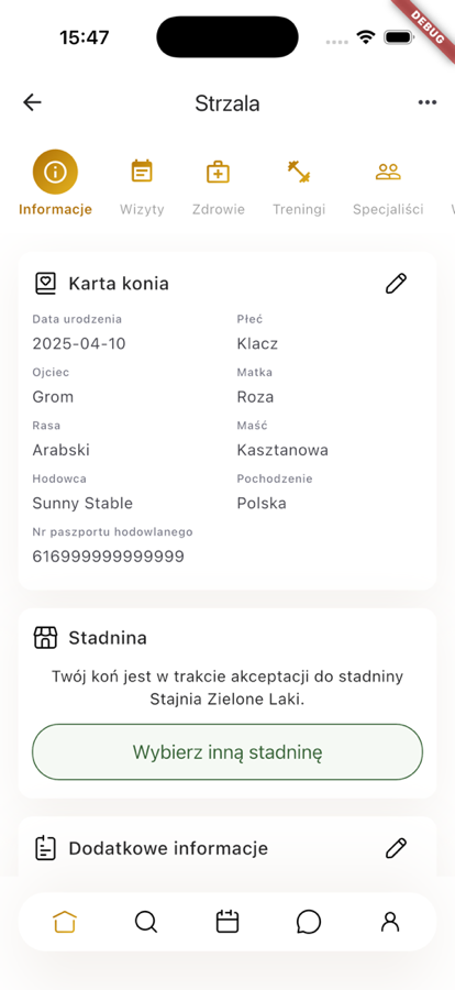 Ekran profilu konia w aplikacji Horsey